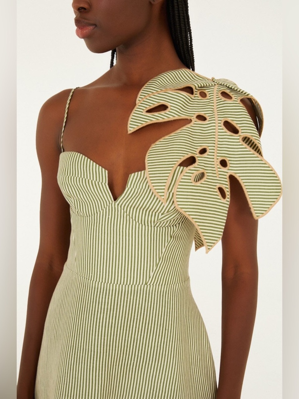 Farm Rio Green Striped 3d Monstera Leaf Euroflax™ Premium Linen Midi Dress NWT